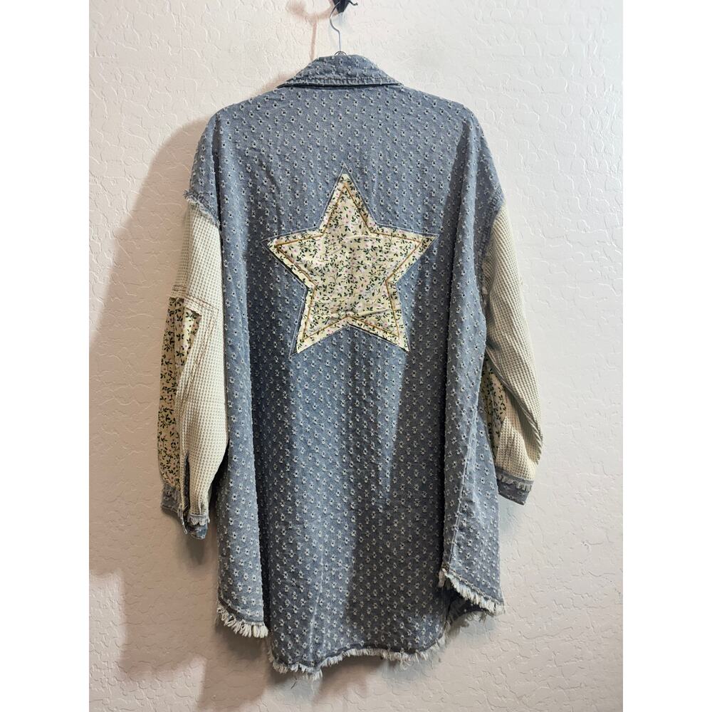 POL PEACE & STAR Patch LONG DENIM Button Up CARDIGAN Distressed - Picture 2 of 4